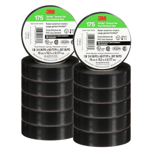 3M Temflex Cinta Eléctrica de Vinilo 175 Negro 3/4x60ft 10 Rollos | 7 mil, ignífuga, sensible a la presión, protección eléctrica y mecánica, UL CSA