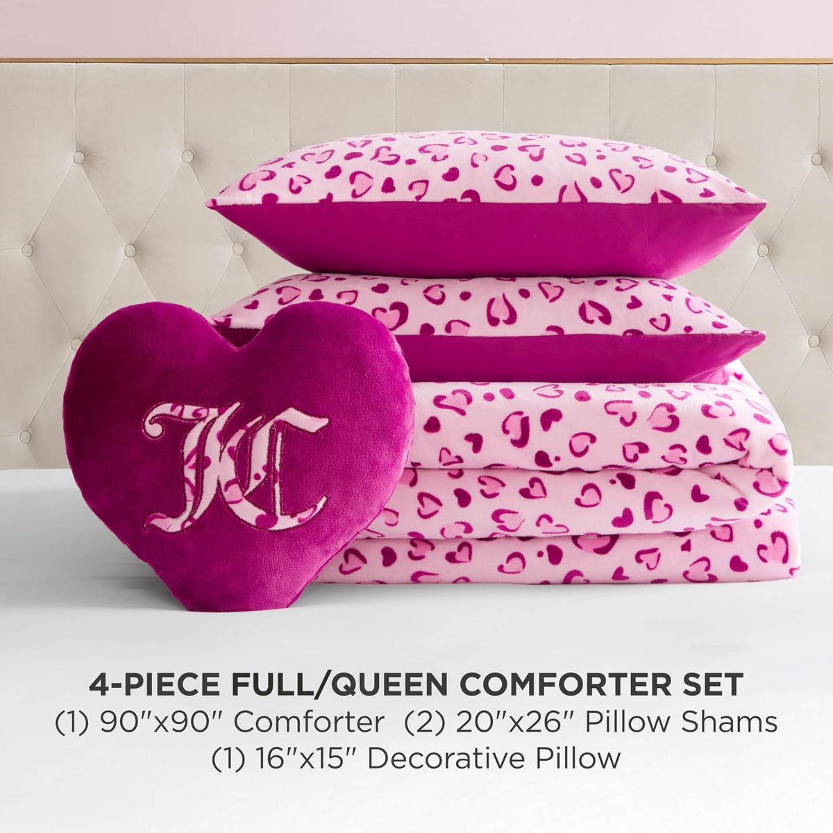 Juicy Couture - Juego de edredón Reversible de Felpa con Corazones de Leopardo de 4 Piezas con Almohada Decorativa