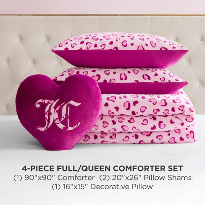 Juicy Couture - Juego de edredón Reversible de Felpa con Corazones de Leopardo de 4 Piezas con Almohada Decorativa