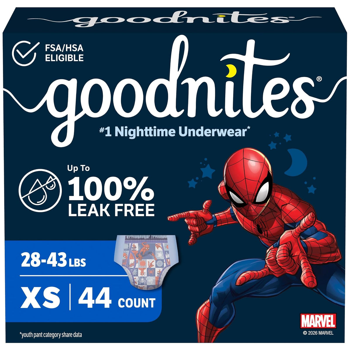 Goodnites Pantalones de Noche para Niños con Incontinencia Nocturna, Braguitas para Niños con Dibujo Animado, Talla Extra Pequeña, 44 Unidades