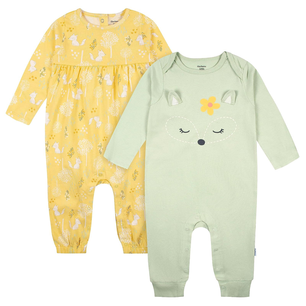 Gerber 2-pack Long Sleeve Jumpsuit Conjunto de camiseta para bebés y niños pequeños bebés niñas - 18 Meses - Zorro Verde Amarillo