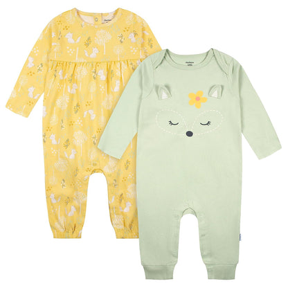 Gerber 2-pack Long Sleeve Jumpsuit Conjunto de camiseta para bebés y niños pequeños bebés niñas - 18 Meses - Zorro Verde Amarillo