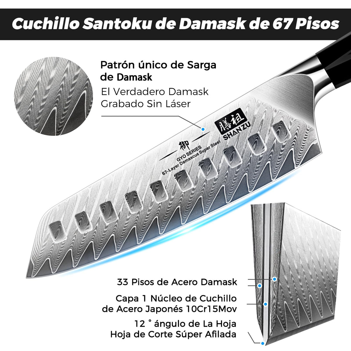 SHAN ZU Cuchillo Santoku, Cocina Acero AUS-10 de 67 Capas, Japones con Mango G10, Cuchillo Cocinero Profesional, Súper Afilada para Cortar Verdura, Fruta, Carne