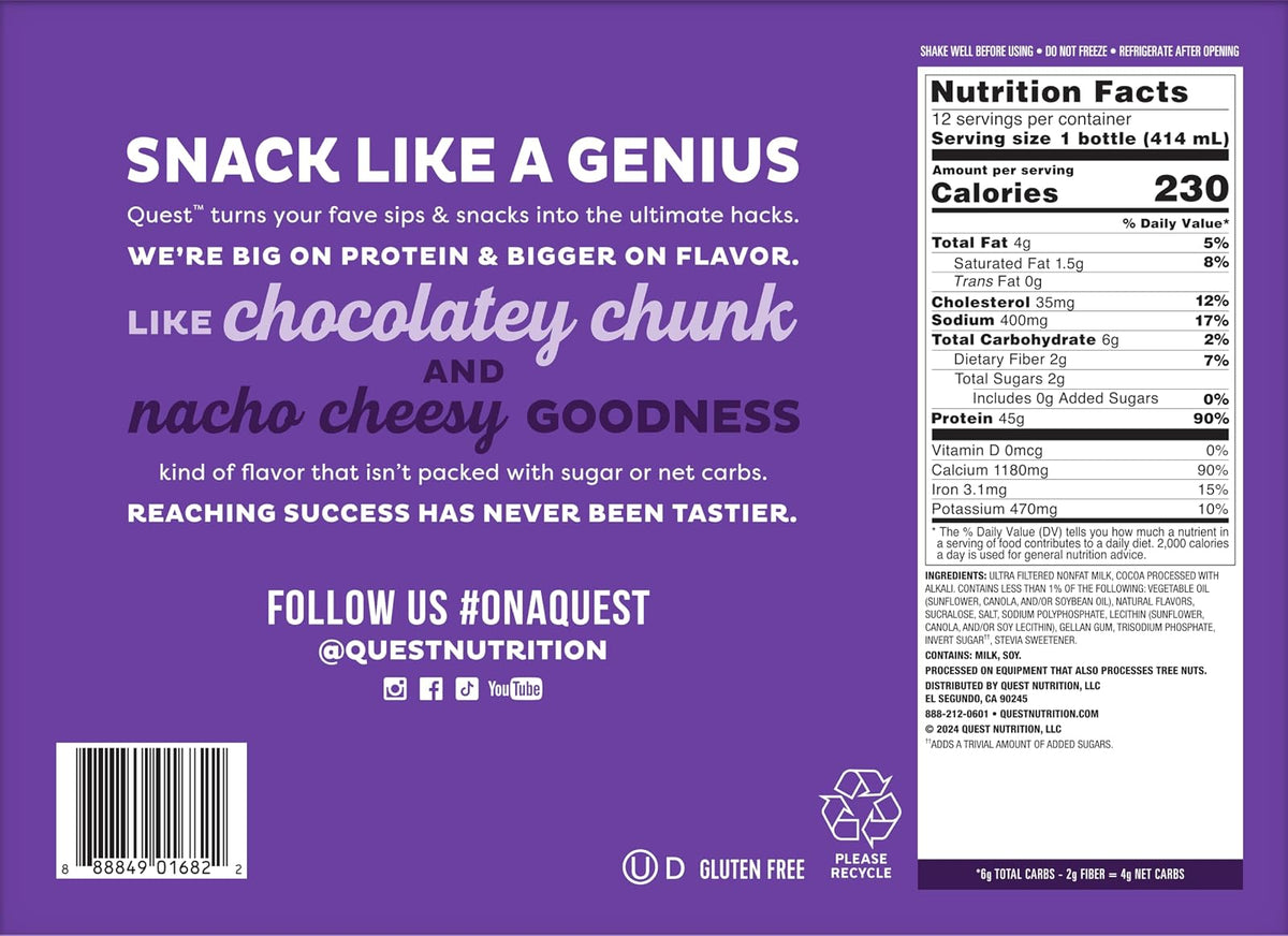 Quest Nutrition Protein Milkshake sabor Chocolate, 45 g de proteína, 2 g de azúcar - 12 Pack de 414 ml