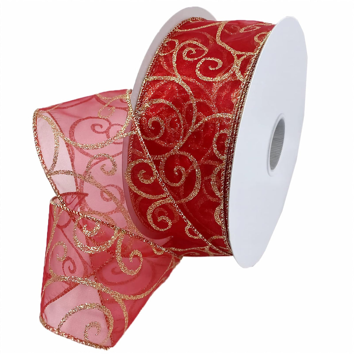 Morex Ribbon Swirl Wired Sheer Glitter Ribbon, 2-1/2-Inch by 50-Yard Spool, Red/Gold - 2.5 Inch By 50 Yards - Red - Gold