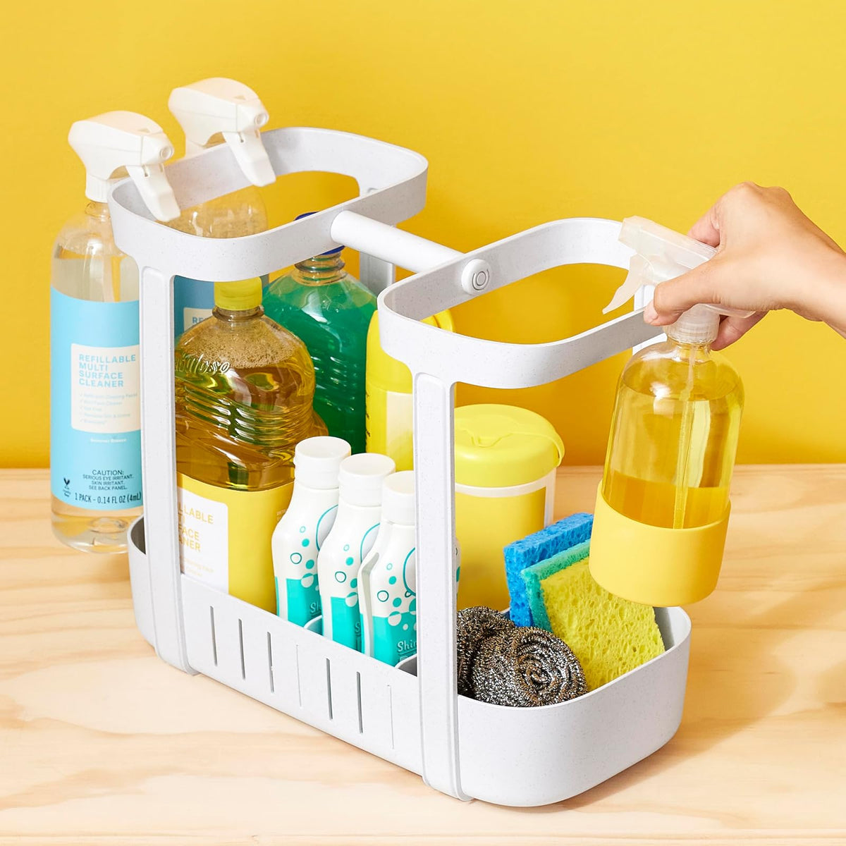 YouCopia SinkSuite - Cesta de limpieza para debajo del fregadero, organizador de suministros de limpieza ajustable de 2 niveles para cocina y baño, organización y almacenamiento