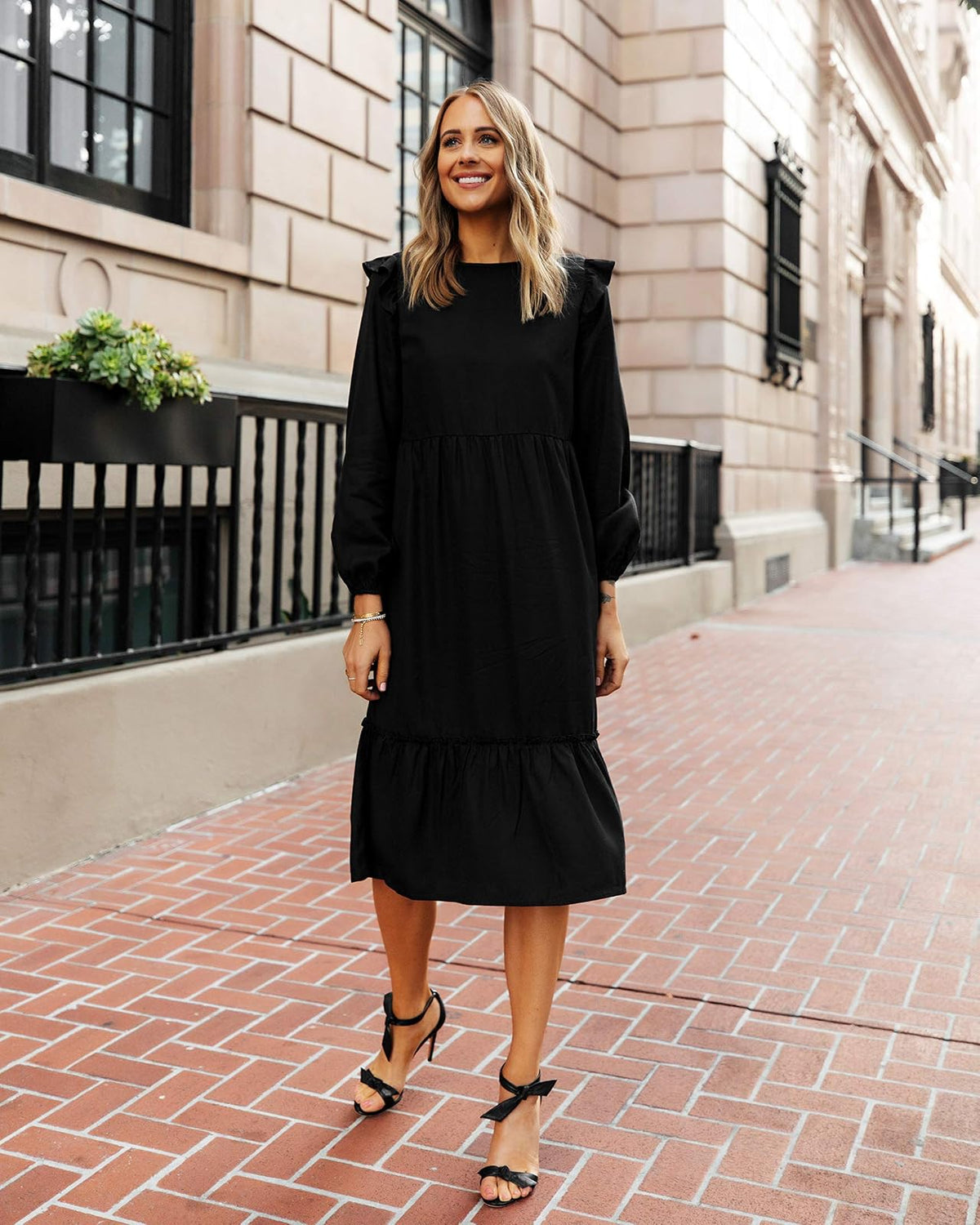 The Drop Vestido Midi Escalonado Para Mujer, con Vuelos en Los Hombros, Negro, por @fashion_jackson