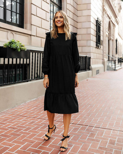 The Drop Vestido Midi Escalonado Para Mujer, con Vuelos en Los Hombros, Negro, por @fashion_jackson