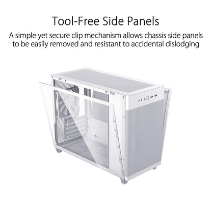 ASUS Prime AP201 White MicroATX Edición de vidrio templado compatible con tarjetas gráficas de hasta 338 mm, enfriadores de 360 mm y PSU ATX estándar, paneles laterales sin herramientas, panel lateral