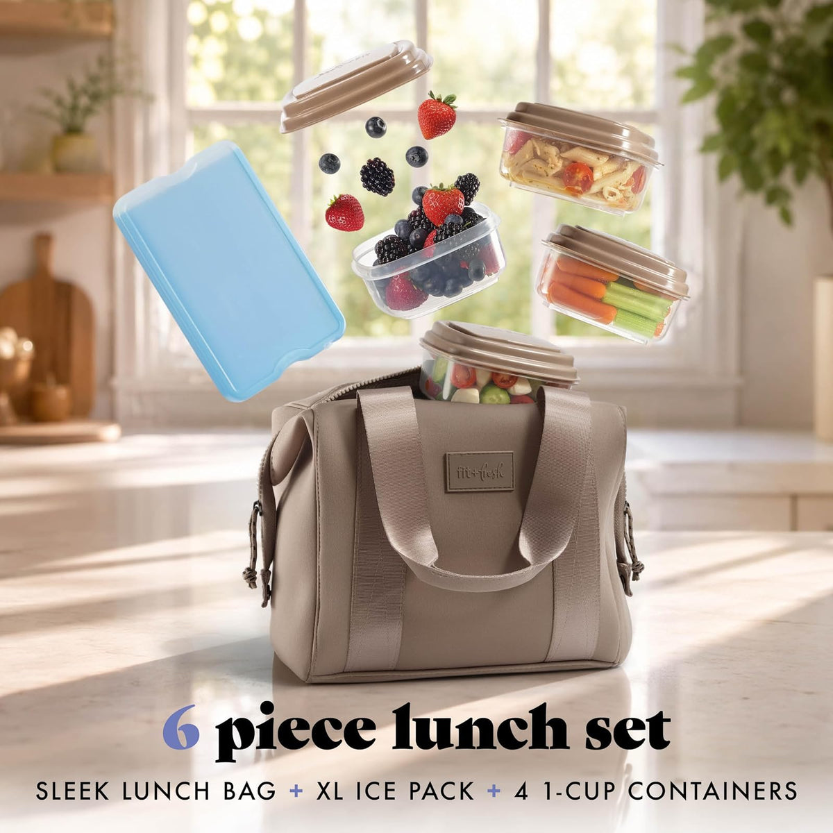 Fit & Fresh Remi - Bolsa de almuerzo de neopreno para mujer, kit de preparación de comidas con contenedores y paquete de hielo XL, material autoaislante, tipo neopreno, bolsa de almuerzo lavable a