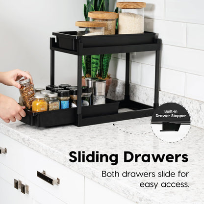 IRIS USA Organizador Bajo el Fregadero, organizador de almacenamiento bajo gabinete, estantes de baño, especiero, cajones extraíbles para el hogar, gabinetes, despensa, encimera, oficina, negro