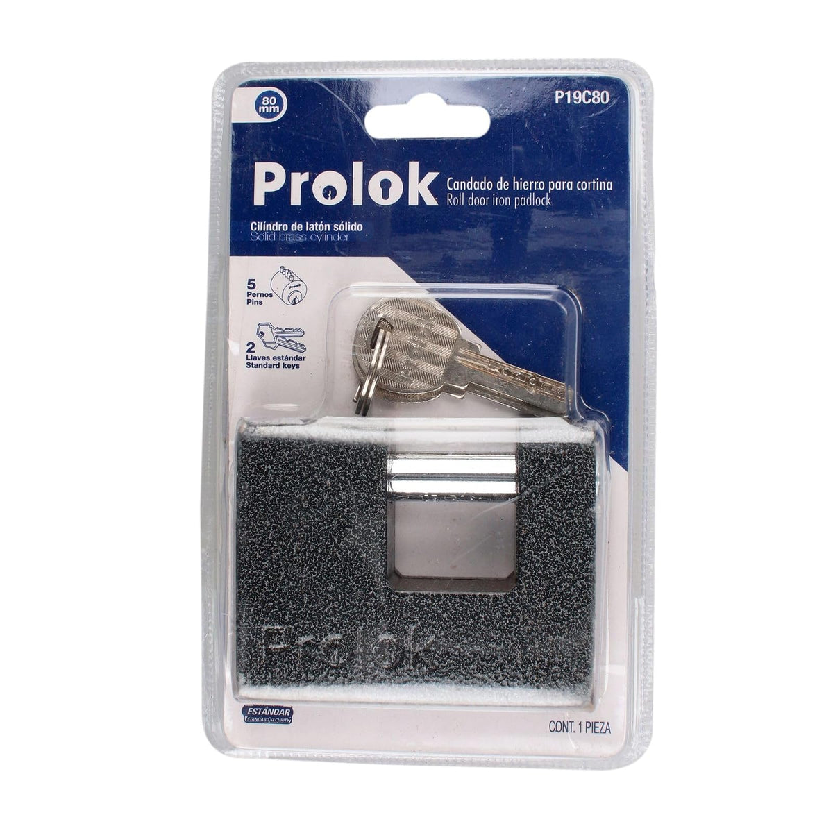 Lock Prolok P19C80 Candado de hierro para cortina metálica 80 mm, negro, llave estándar