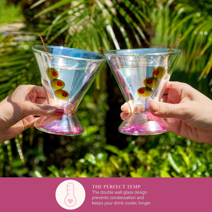 Paris Hilton - Juego de 2 piezas, diseño de vidrio de doble pared, para martinis, cócteles, cosmopolitanos, margaritas, 207 ml, 7 onzas, iridiscente con corazones de purpurina