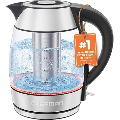 Chefman - Hervidor eléctrico de vidrio 1.8 L, 1500 W | Con infusor de té, función de mantener el calor, apagado automático y protección contra ebullición