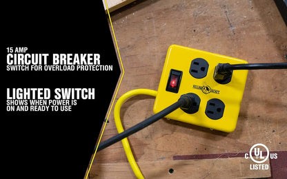 Yellow Jacket 2177N - Bloque de metal con 4 tomas de corriente e interruptor iluminado, cable de 4 pies