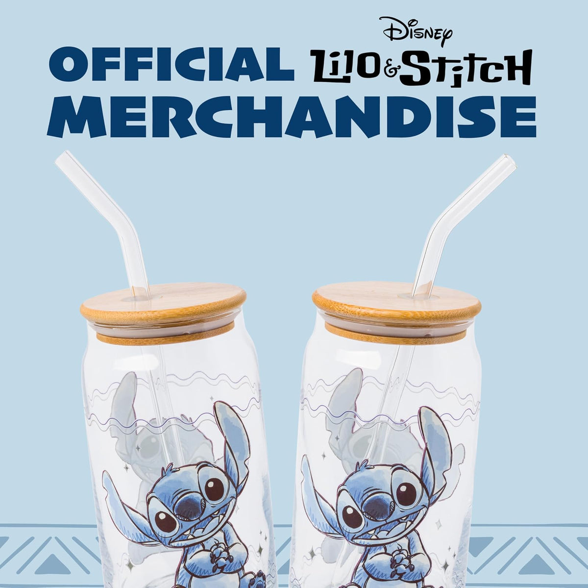 Silver Buffalo Disney Lilo and Stitch - Vaso de vidrio sentado con tapa de bambú y popote de vidrio, 16 onzas