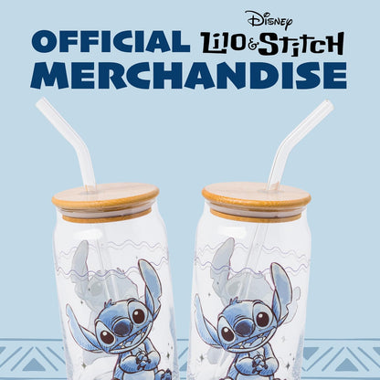 Silver Buffalo Disney Lilo and Stitch - Vaso de vidrio sentado con tapa de bambú y popote de vidrio, 16 onzas
