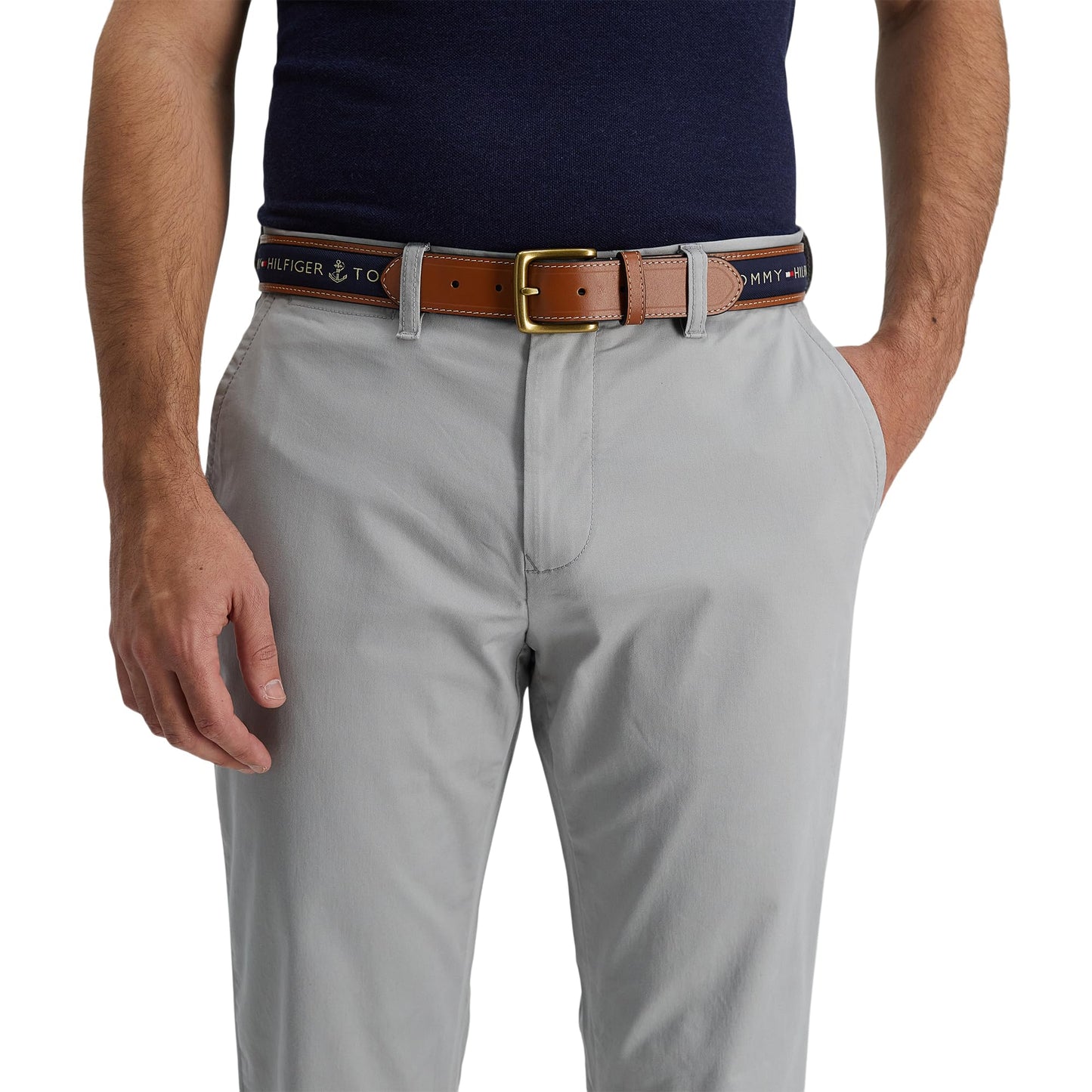 Tommy Hilfiger - Cinturón casual con incrustaciones de tela para hombre con hebilla clásica de arnés, marino, 40