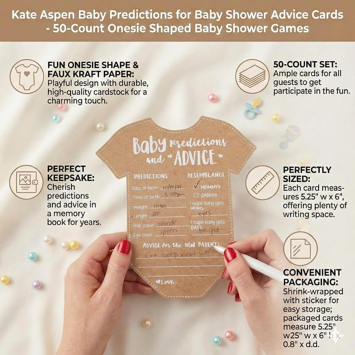 Kate Aspen - Tarjetas de consejos para baby shower – 50 unidades en forma de overol para niñas o niños, decoración neutra de género, decoración de mesa, actividad y recuerdo para nuevos padres