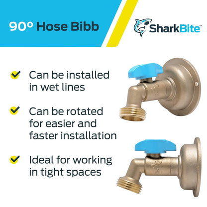SharkBite Babero de manguera MHT de 90 grados de 1/2 x 3/4 pulgadas, cuarto de vuelta, empuje para conectar el accesorio de fontanería de latón, tubo PEX, cobre, CPVC, PE-RT, HDPE, 24620LF