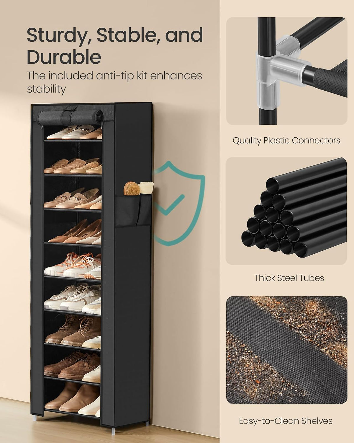 SONGMICS URXJ034BH01 - Zapatero de 10 Niveles, clóset de Almacenamiento con Cubierta a Prueba de Polvo, Organizador de Almacenamiento no Empotrado para clóset, Entrada, sostiene 20 Pares de Zapatos