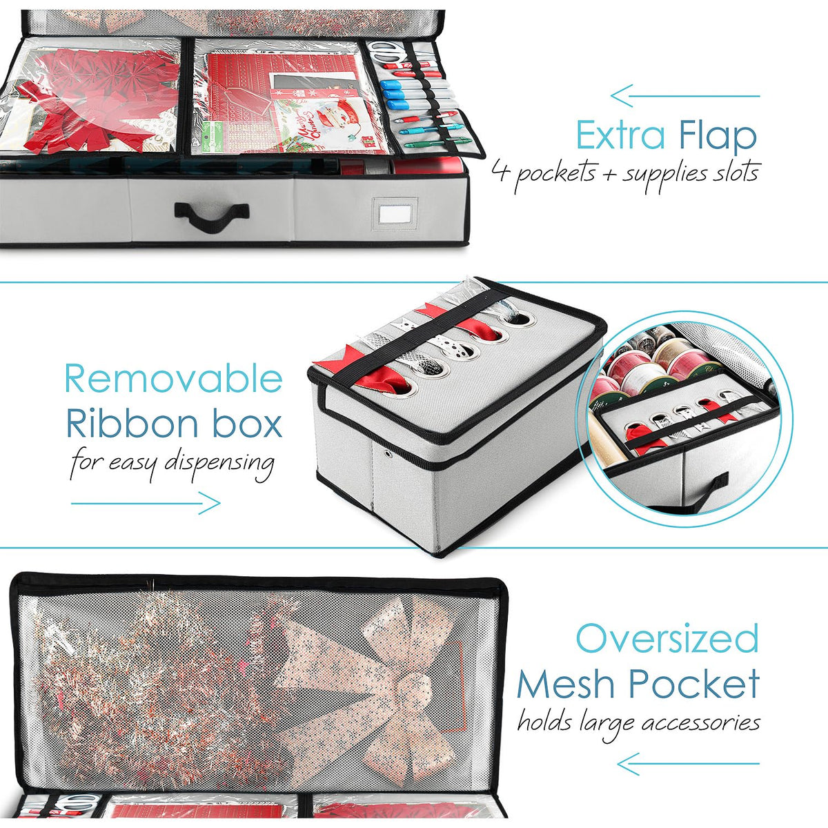 Hearth & Harbor - Contenedor de almacenamiento de papel de regalo con cinta organizador de almacenamiento - Bolsa de almacenamiento de Navidad con bolsillos interiores extras - Organizador de regalo