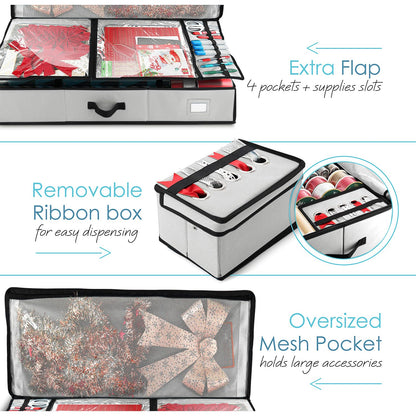 Hearth & Harbor - Contenedor de almacenamiento de papel de regalo con cinta organizador de almacenamiento - Bolsa de almacenamiento de Navidad con bolsillos interiores extras - Organizador de regalo