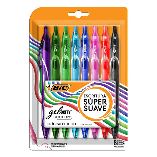 BIC, Bolígrafos de gel de secado rápido, Gelocity Quick Dry, punta ultrafina 0.7 mm, Paquete de 8 unidades, Surtido de colores, Plumas de gel retráctiles con grip cómodo