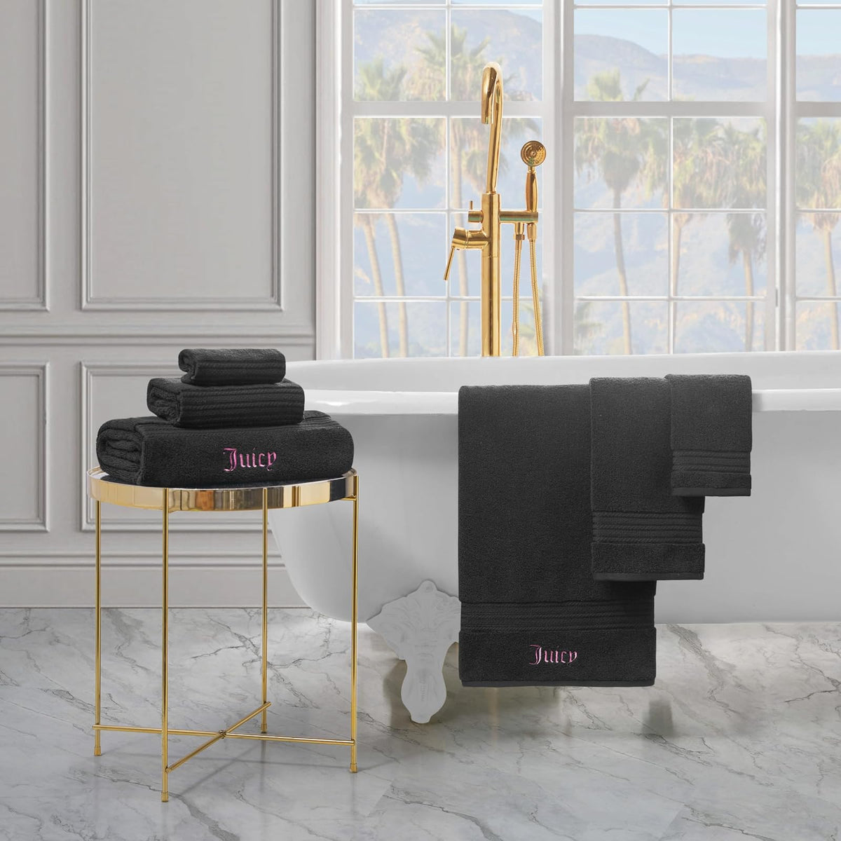 Juicy Couture Alyssa Luxury Juego de 6 Piezas-(2) Toallitas de baño y 2 Toallitas de baño Premium Negro