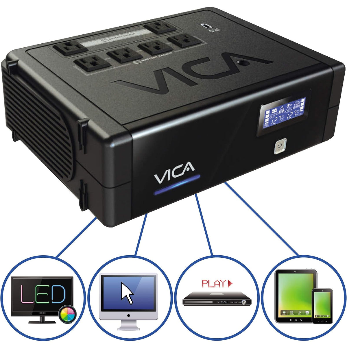 VICA REVOLUTION 900 No Break interactivo con regulador integrado, 900 VA, 500 W, 6 tomas de corriente tipo 5-15R con respaldo de batería, color negro