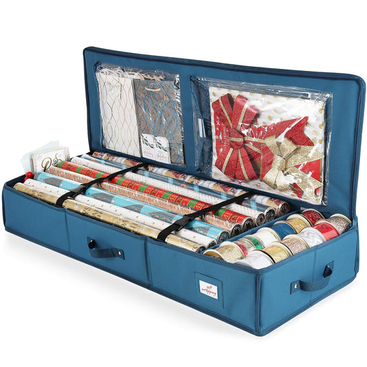 Hearth & Harbor - Contenedor de almacenamiento de papel de regalo, bolsa de almacenamiento de Navidad con bolsillos interiores, organizador de papel de regalo, se adapta a hasta 22 rollos de 40