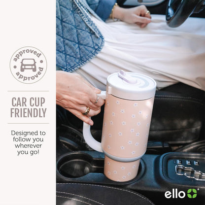 Ello Oasis - Vaso de 30 onzas con mango y popote retráctil, taza de acero inoxidable aislada reutilizable 100% a prueba de fugas, regalos para adolescentes, mujeres y hombres, mantiene el frío durante