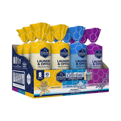 Color Scents Bolsas de basura medianas – 8 galones, 540 bolsas en total (12 paquetes de 45 unidades), Twist Tie – Colección Clean (3 aromas únicos + combinaciones de colores) con Microban