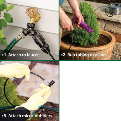 Rain Bird POTTEDKIT Recipiente de riego por goteo/kit de riego de plantas en maceta, se conecta a llave/manguera de jardín, tubo de goteo de 1/4 pulgadas, micro burbujas de 360°, accesorios en T y