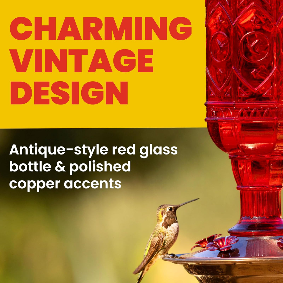 More Birds 76IN Ounce Nectar Capacity Hummingbird Feeder Vintage Red Antique Glass Bottle, 23-Oun, 23 oz