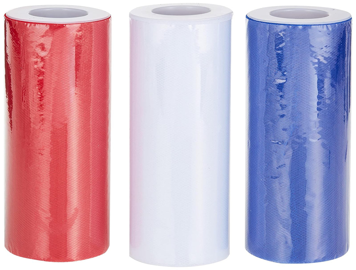 Morex Ribbon Patriotic tul 3 Pack, Nylon, 15,2 cm por 68,6 m Total, color rojo/blanco/azul, tema 1366p3 - 914 - Morex Ribbon Rollos de cinta de tul, paquete de 3 o 6 - 3 pack, 6"x 75 yd - Patriótico