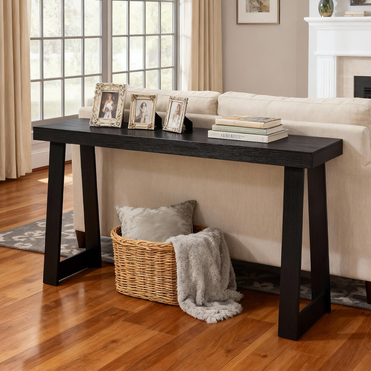 VEVOR Mesa Consola Moderna, Mesa Auxiliar Rectangular para Colocar Detrás del Sofá, 140 x 30,5 x 81 cm, Fabricada en Panel Multicapa, para Recibidor, Dormitorio, Sala de Estar, Negro, Carga 50 kg