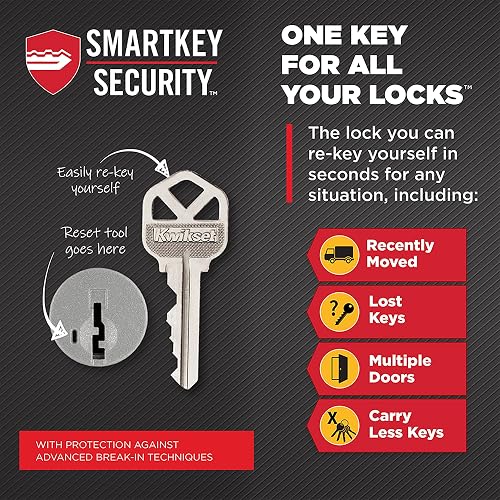 Kwikset Halifax - Manija de puerta de entrada con cerradura y llave, palanca reversible con llave segura, exterior, para entrada frontal y dormitorios, níquel satinado, seguridad Smartkey Rekey y