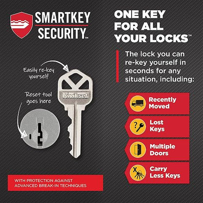 Kwikset Halifax - Manija de puerta de entrada con cerradura y llave, palanca reversible con llave segura, exterior, para entrada frontal y dormitorios, níquel satinado, seguridad Smartkey Rekey y