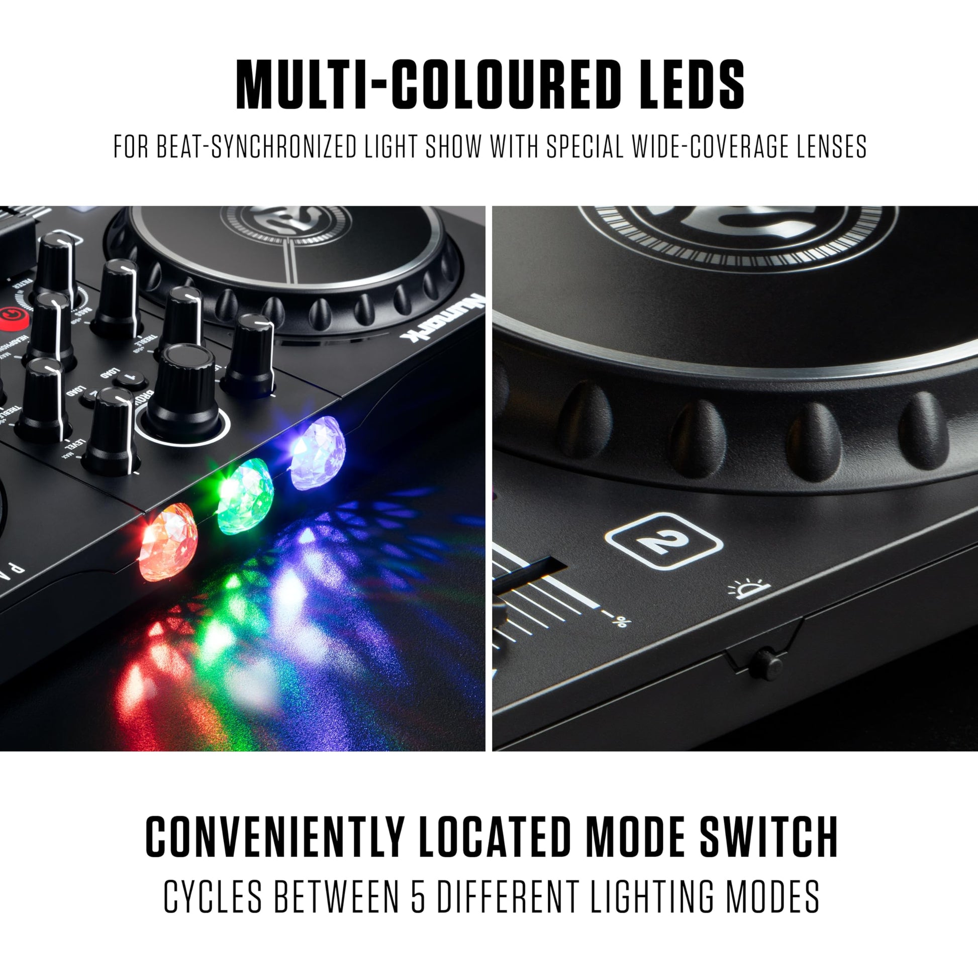 Numark Party Mix II - Controlador DJ con 2 decks y luces integradas, interfaz de audio, mezcladora DJ para Serato DJ Lite y Algoriddim djay Pro AI
