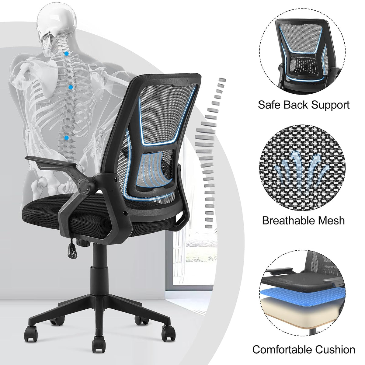 VECELO - Silla de Oficina ergonómica giratoria con Brazos Ajustables, Soporte Lumbar de Malla para Trabajo de computadora, Color Negro