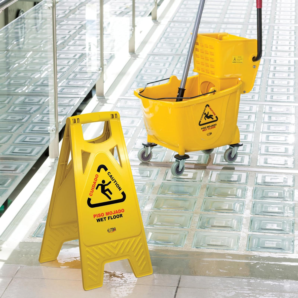 Señal de Prevención Piso Mojado Plegable | Doble Cara | PVC 100% Reciclado | Alta Visibilidad 62 × 30 cm | Ligera | Fácil Transporte para Oficinas y Comercios