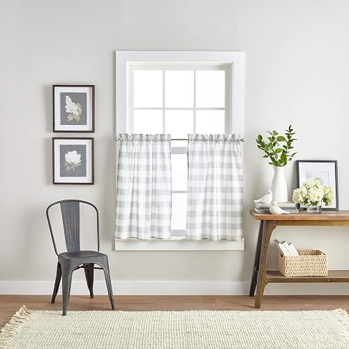 Curtain Works Country - Cortinas rústicas Modernas para Cocina, diseño de búfalo a Cuadros y Cenefa de café, Juego de 3 Piezas, 36 Pulgadas, Color Gris Blanco