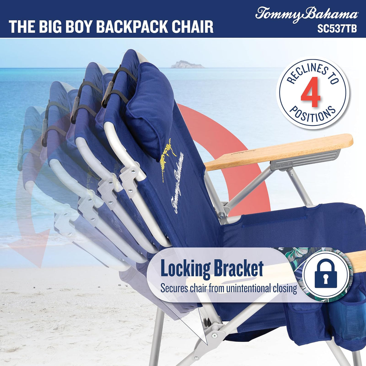 Tommy Bahama Big Boy - Mochila Plegable de 4 Posiciones para Asiento Alto de 13 Pulgadas, Silla de Playa o Camping, Aluminio, Azul Marino