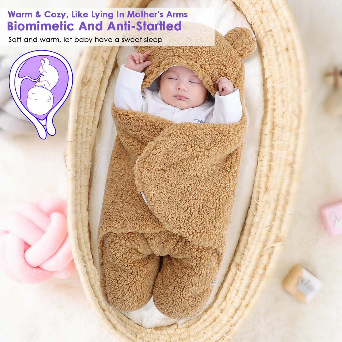 Manta de Felpa para bebé recién Nacido, Manta de recepción Suave con Capucha, Saco de Dormir para niñas de 0 a 6 Meses, Color Caqui