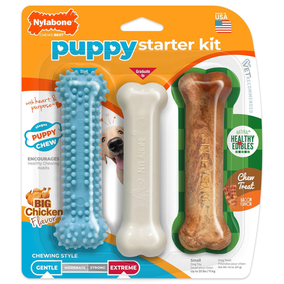 Nylabone Puppy Chew Variety Toy & Treat Triple Pack, Chicken|Lamb|Apple, 3Count, Regular, Light Blue