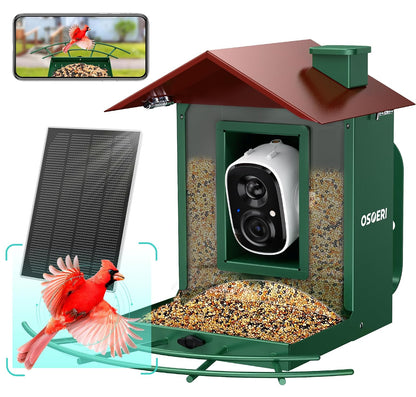 Osoeri Comedero para Pájaros con Cámara Solar, IA Identifica Aves, HD 1080p - Green