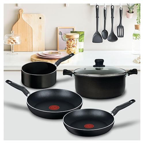 T-fal Batería de Cocina 5 Piezas Vital, color Negro, con Antiadherente Easy Plus, Thermo-Señal, Calor Uniforme, Fácil Limpieza, 390900