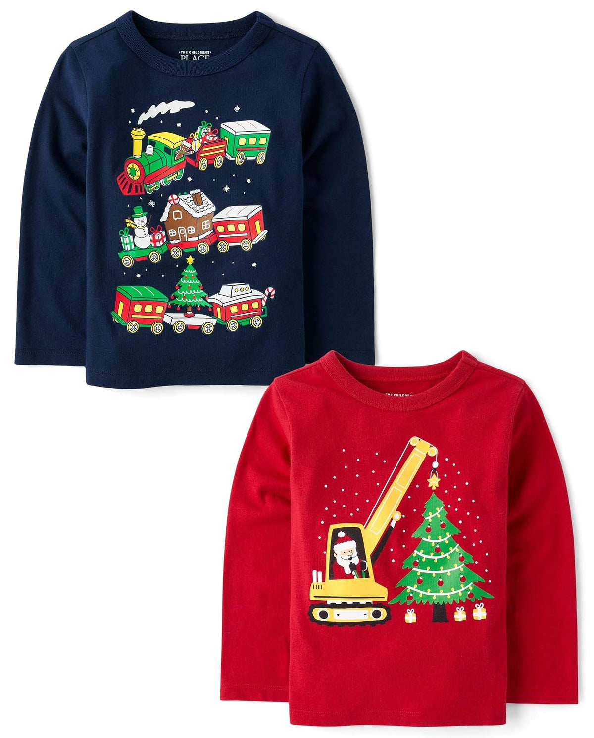 The Children's Place Playeras Manga Larga Bebé y Niño Paquete Festivo - 12-18 Meses - Santa Construcción - tren de día festivo paquete de 2