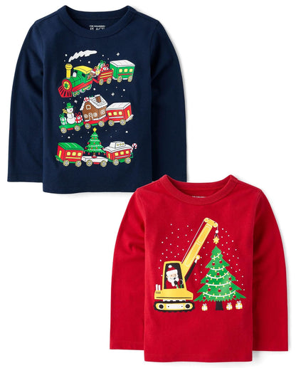 The Children's Place Playeras Manga Larga Bebé y Niño Paquete Festivo - 12-18 Meses - Santa Construcción - tren de día festivo paquete de 2